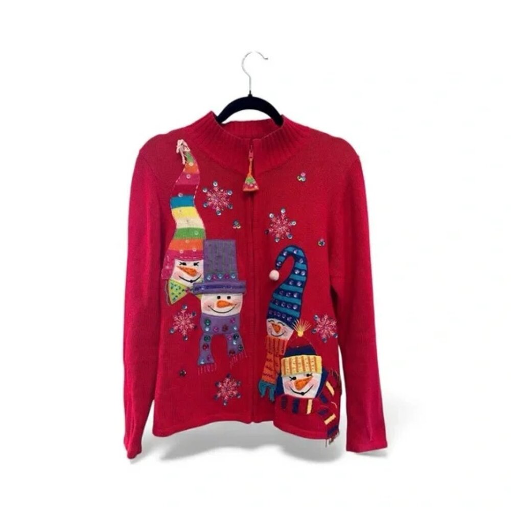 VINTAGE Y2K ERA INTERNATIONAL RED SNOW MAN FESTIVE WINTER CARDIGAN